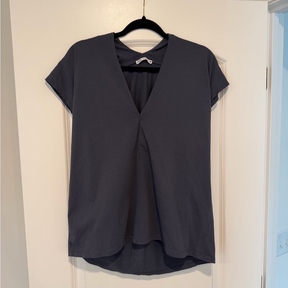 Zara Dark Blue V-Neck Short Sleeve Tee